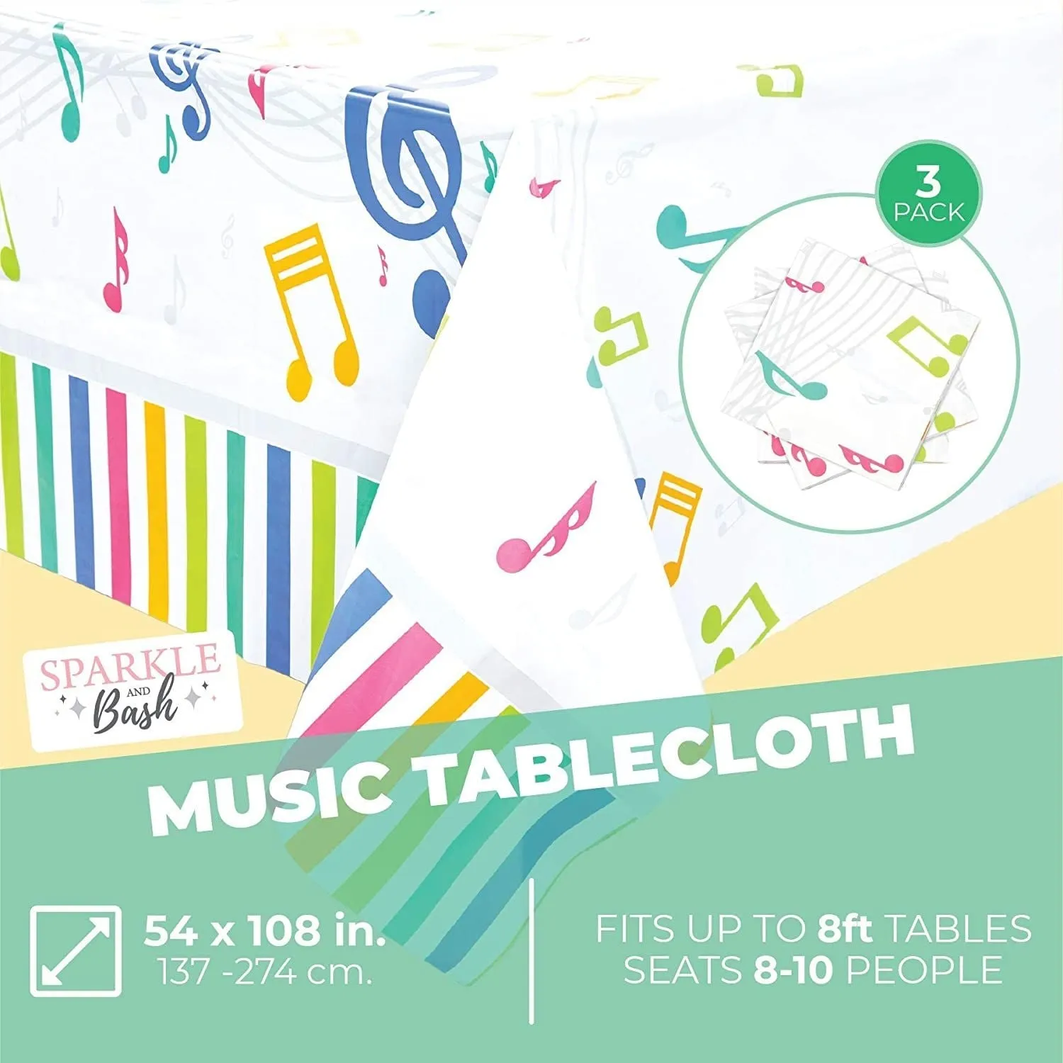 3 Pack Music Note Plastic Tablecloths for Birthday Party, Band Night (54 x 108 in)