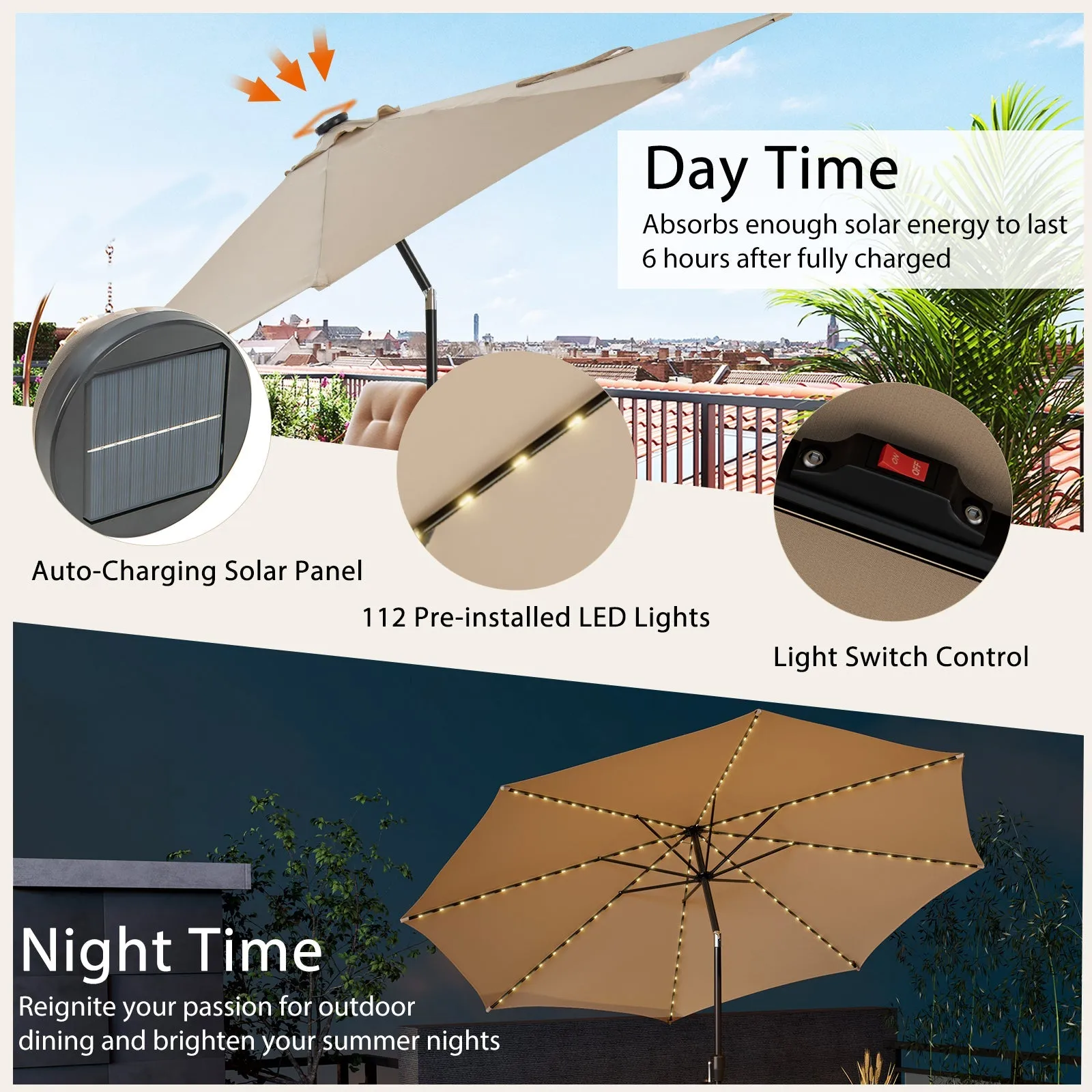 3m Patio Umbrella with 112 Solar Powered LED Lights and Crank Handle-Beige