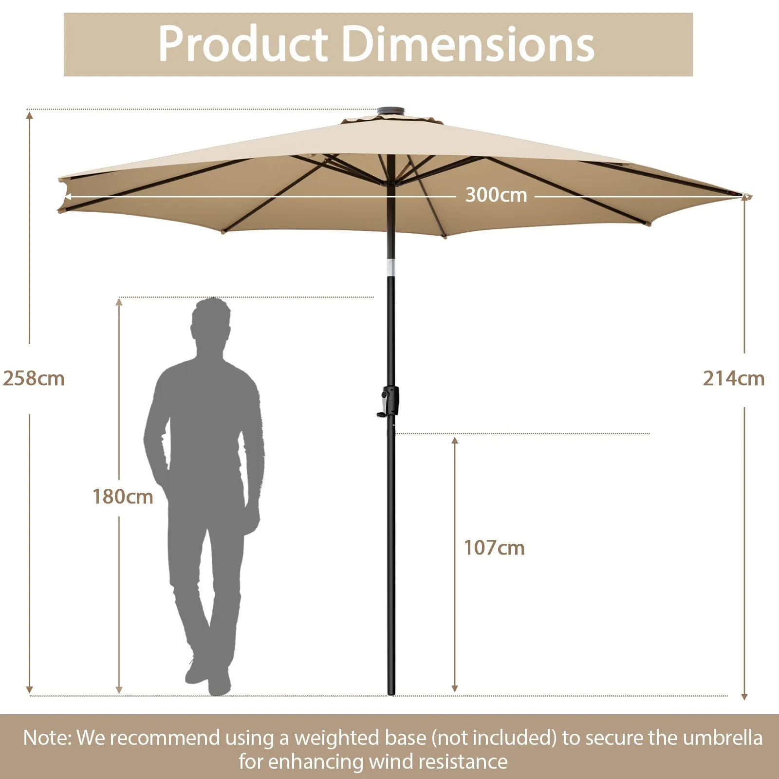 3m Patio Umbrella with 112 Solar Powered LED Lights and Crank Handle-Beige