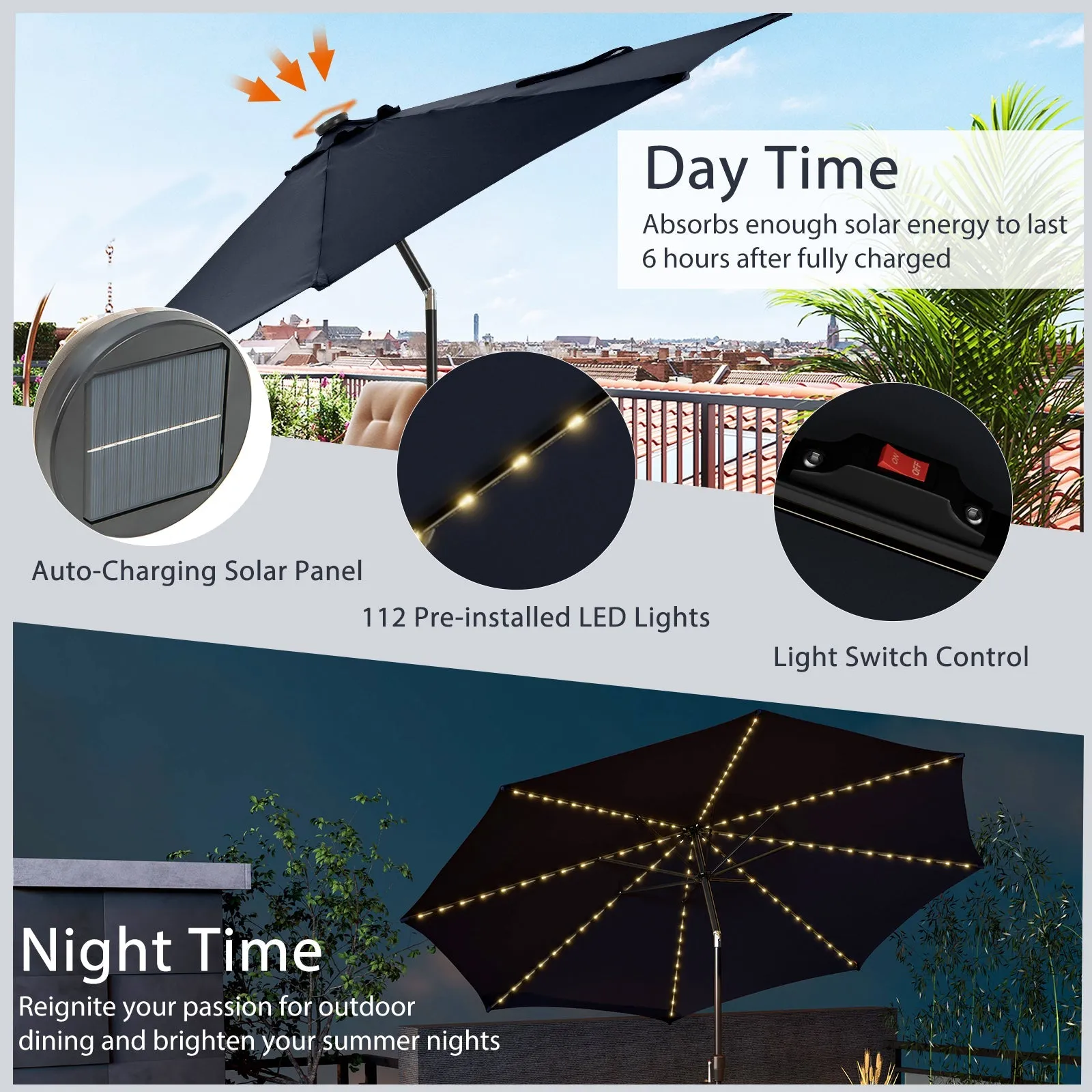 3m Patio Umbrella with 112 Solar Powered LED Lights and Crank Handle-Navy