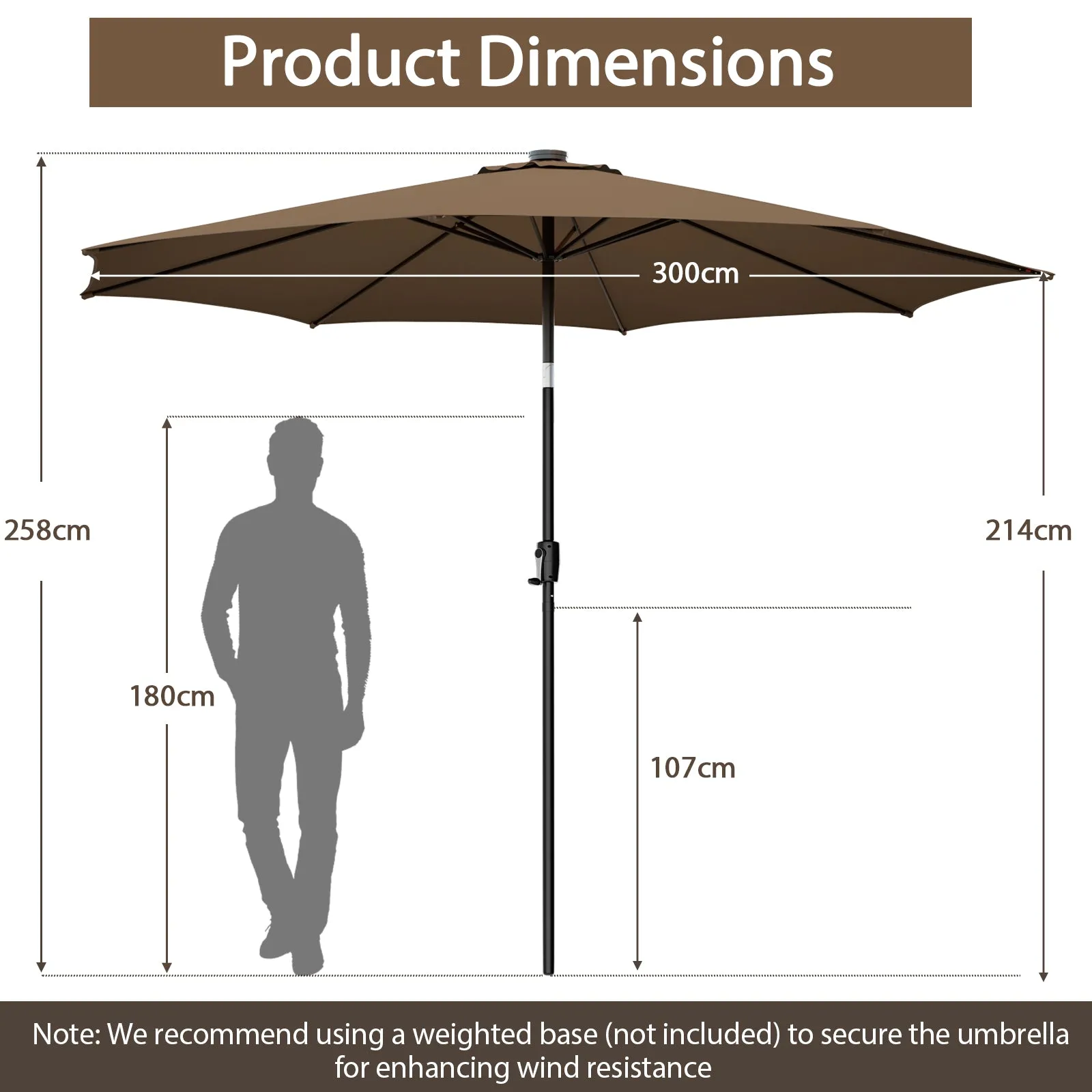 3m Patio Umbrella with 112 Solar Powered LED Lights and Crank Handle-Tan