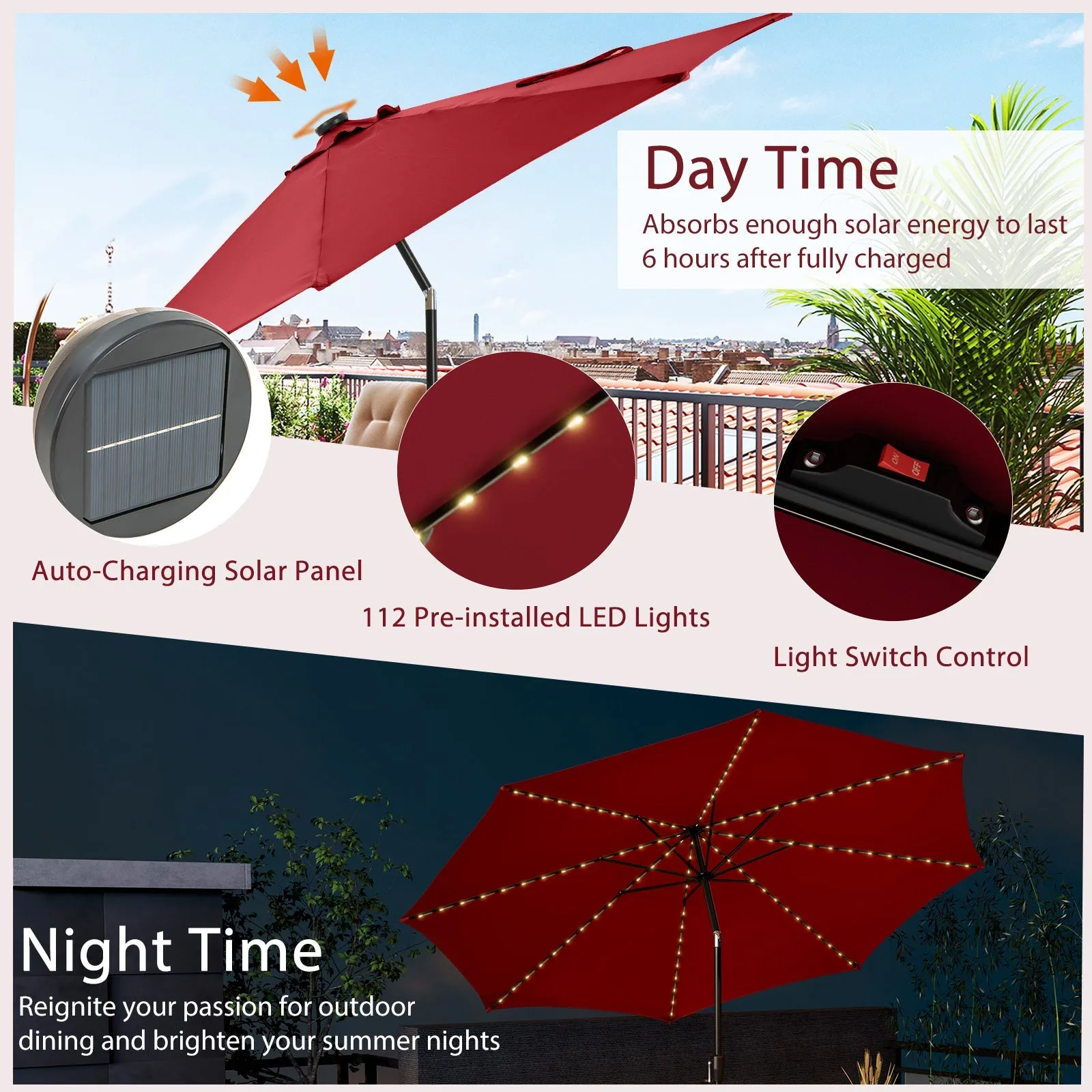 3m Patio Umbrella with 112 Solar Powered LED Lights and Crank Handle-Wine