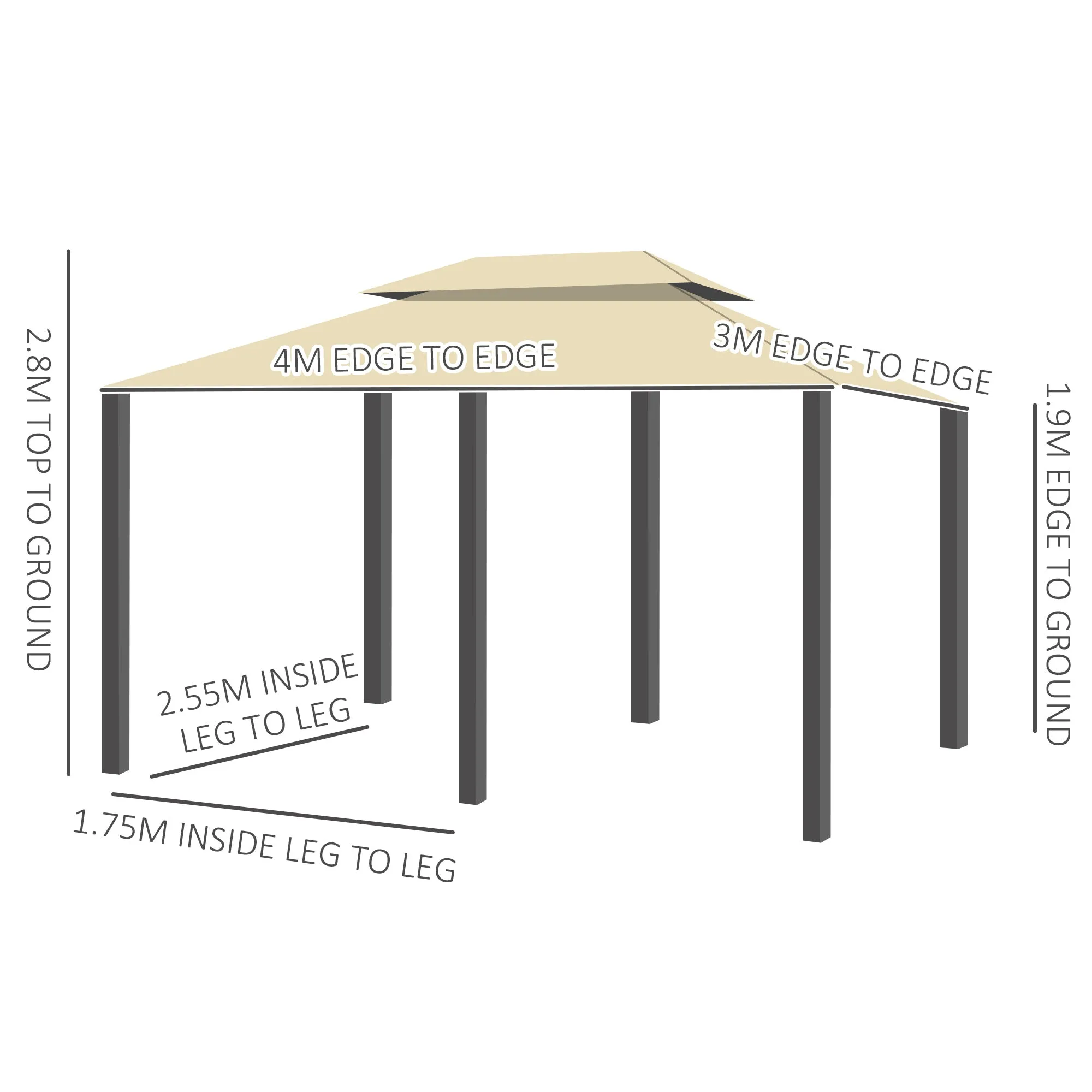 4 x 3(m) Outdoor Gazebo Canopy Party Tent Garden Pavilion Patio Shelter w/ LED Solar Light, Double Tier Roof, Curtains, Steel Frame, Khaki