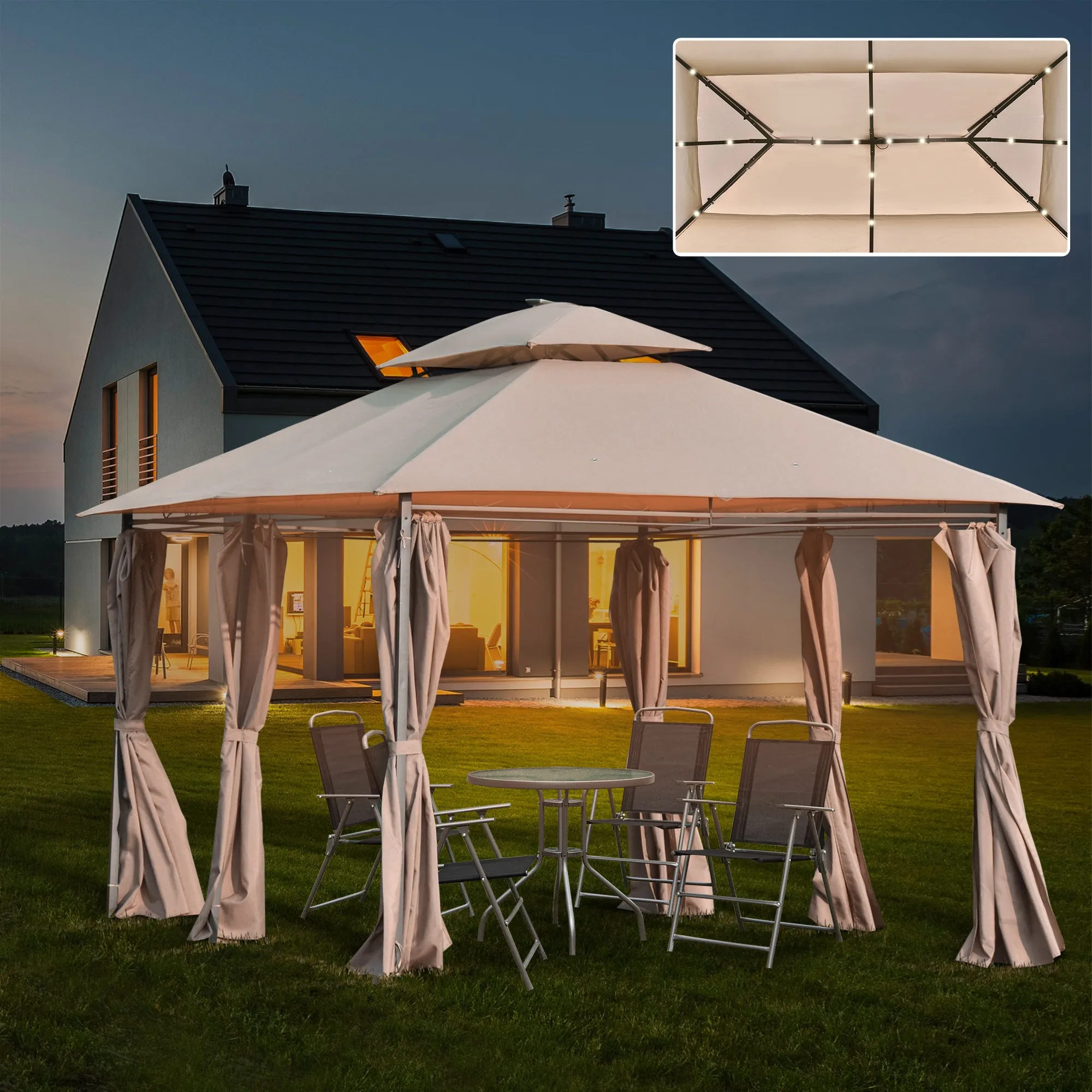 4 x 3(m) Outdoor Gazebo Canopy Party Tent Garden Pavilion Patio Shelter w/ LED Solar Light, Double Tier Roof, Curtains, Steel Frame, Khaki