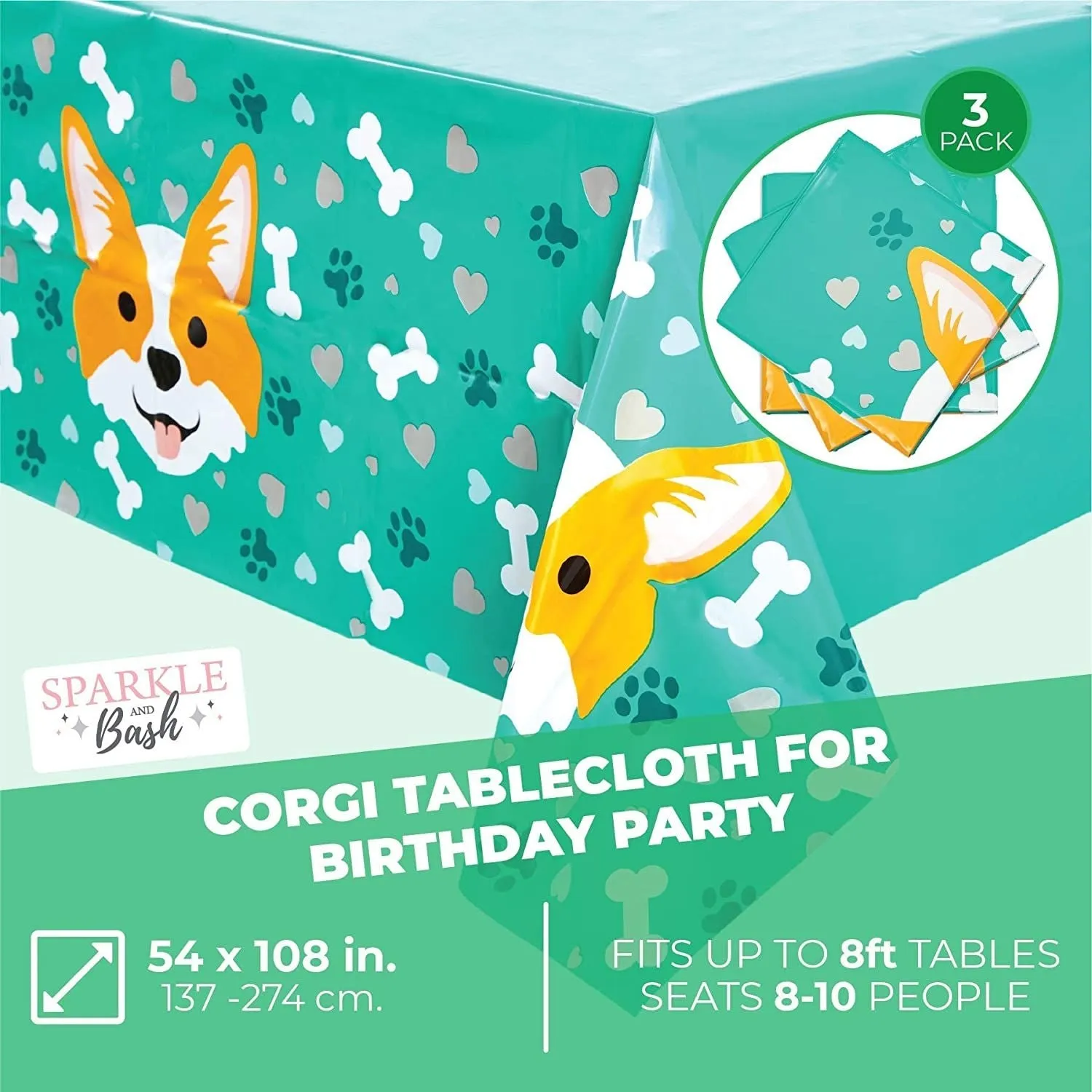 Corgi Tablecloth for Dog Birthday Party (Green, 54 x 108 Inches, 3 Pack)