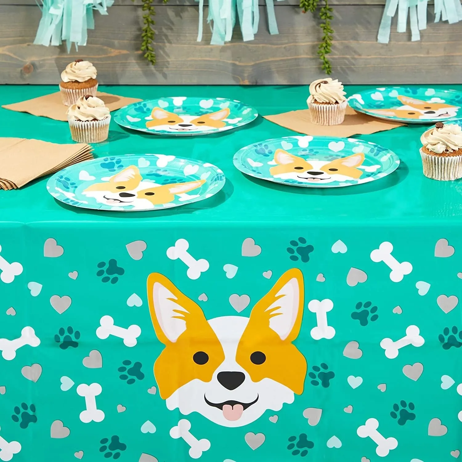 Corgi Tablecloth for Dog Birthday Party (Green, 54 x 108 Inches, 3 Pack)