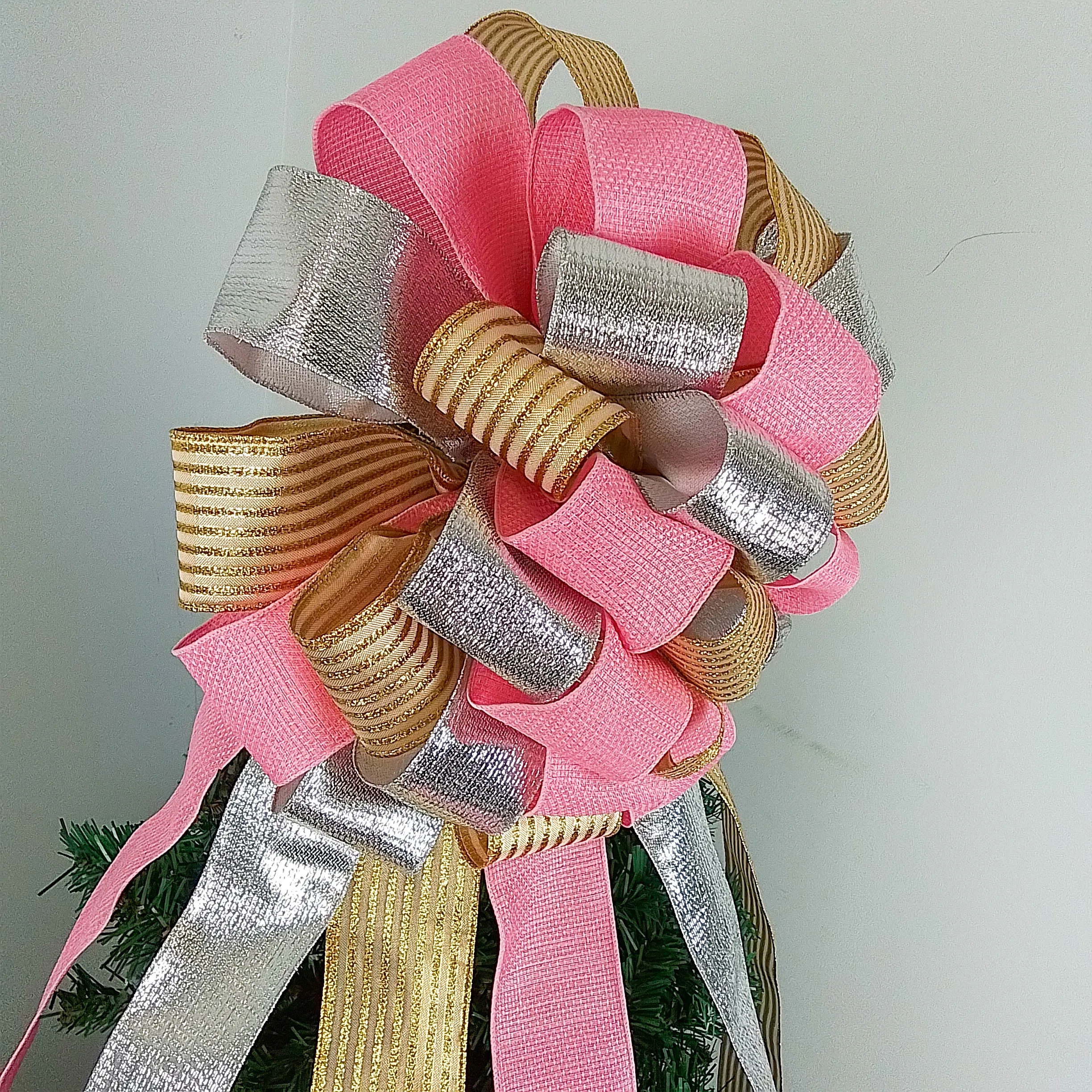 Gold, Silver and Pink Tree Bow, Non-Traditional Christmas Decor, Versatile Indoor/Outdoor Ornament