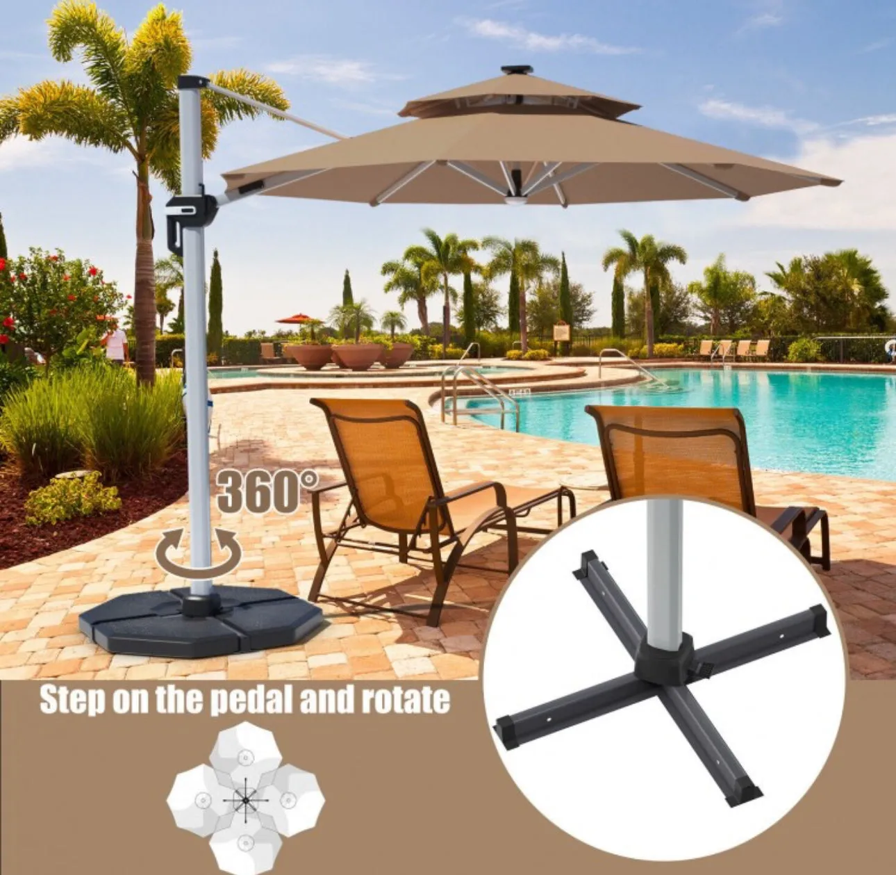 Heavy Duty Aluminum Solar Power LED Light Patio Cantilever Umbrella 10Ft Without Weight Base