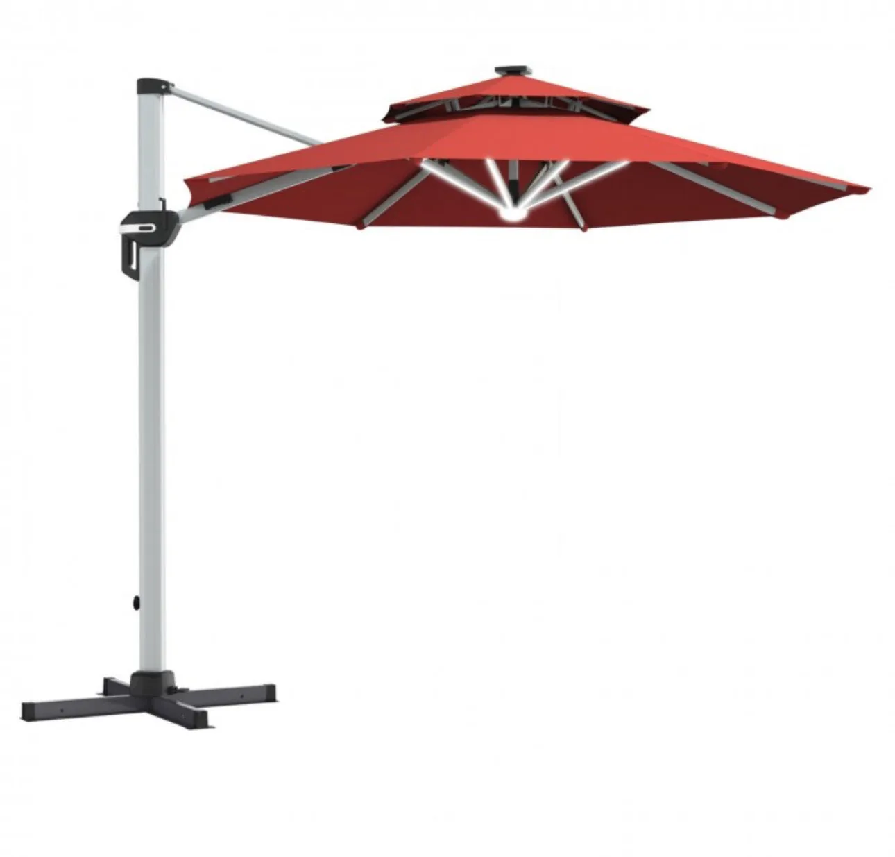 Heavy Duty Aluminum Solar Power LED Light Patio Cantilever Umbrella 10Ft Without Weight Base