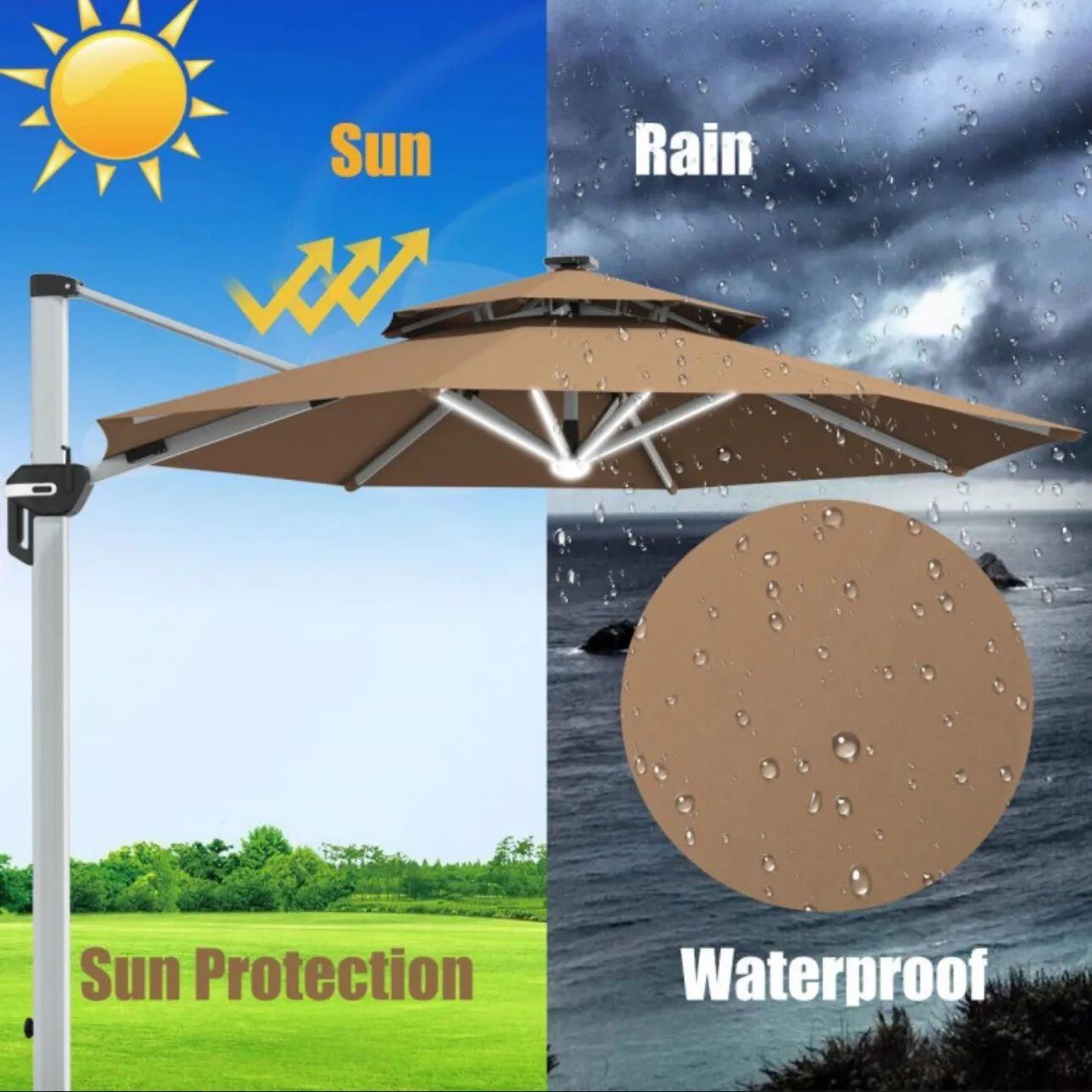 Heavy Duty Aluminum Solar Power LED Light Patio Cantilever Umbrella 10Ft Without Weight Base