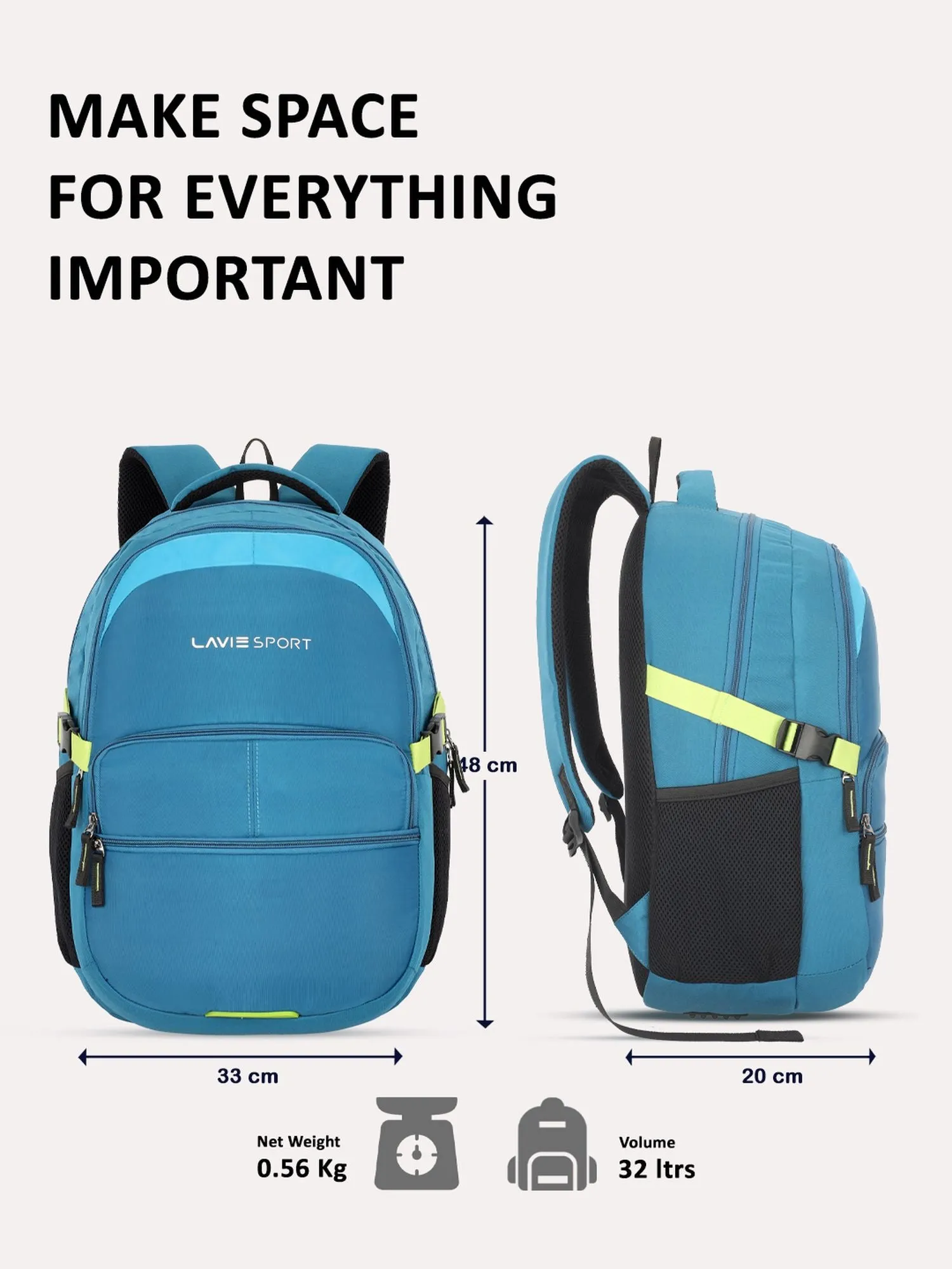 Lavie Sport Aspire 32L Laptop Backpack with Rain cover For Men & Women | Boys & Girls Blue