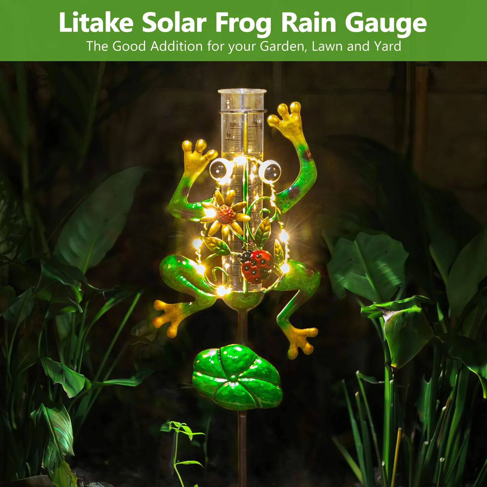 LITAKE Metal Solar Frog Rain Gauge Outdoor Decorative