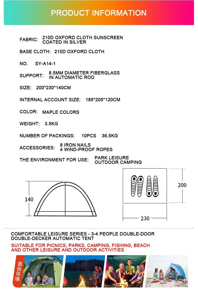 New 3-4 Person Tents Dual-use Automatic Double-layer Oxford Material Water and Wear Resistant Camping Tent