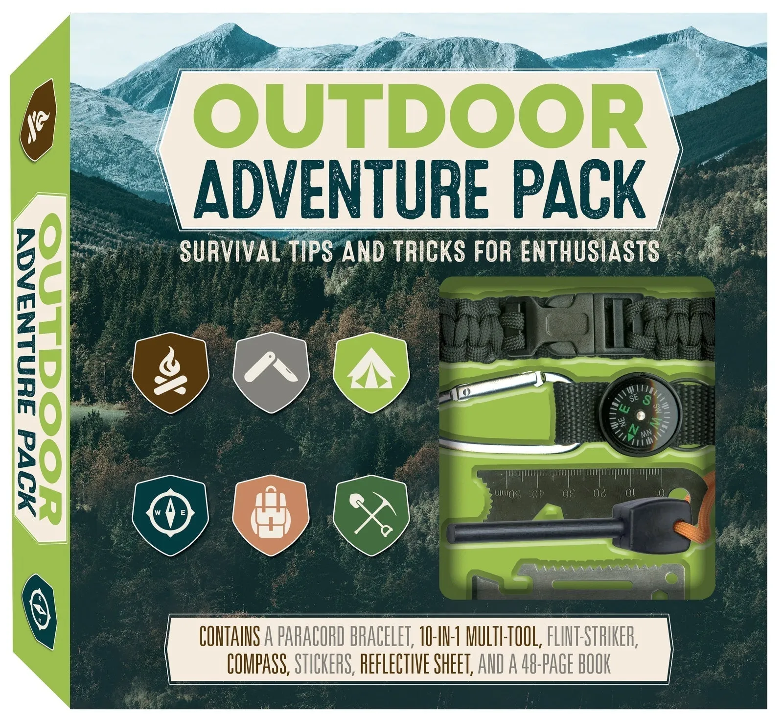 Outdoor Adventure Pack: Survival Tips and Tricks for Enthusiasts - Contains a Paracord Bracelet, 10-in-1 Multi-tool, Flint-striker, Compass, Stickers,