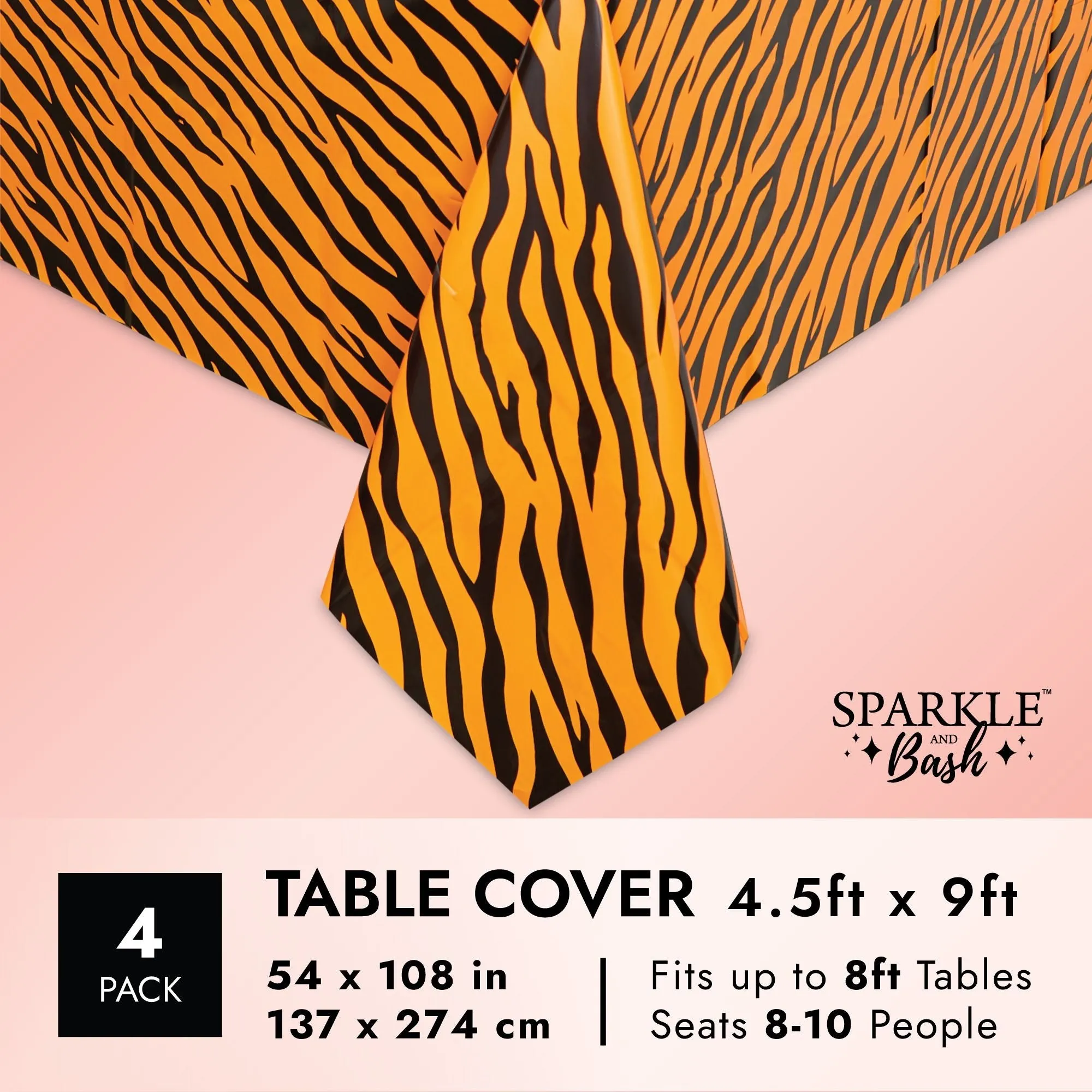 Tiger Print Tablecloths for Jungle Safari Birthday Party (54 x 108 In, 4 Pack)