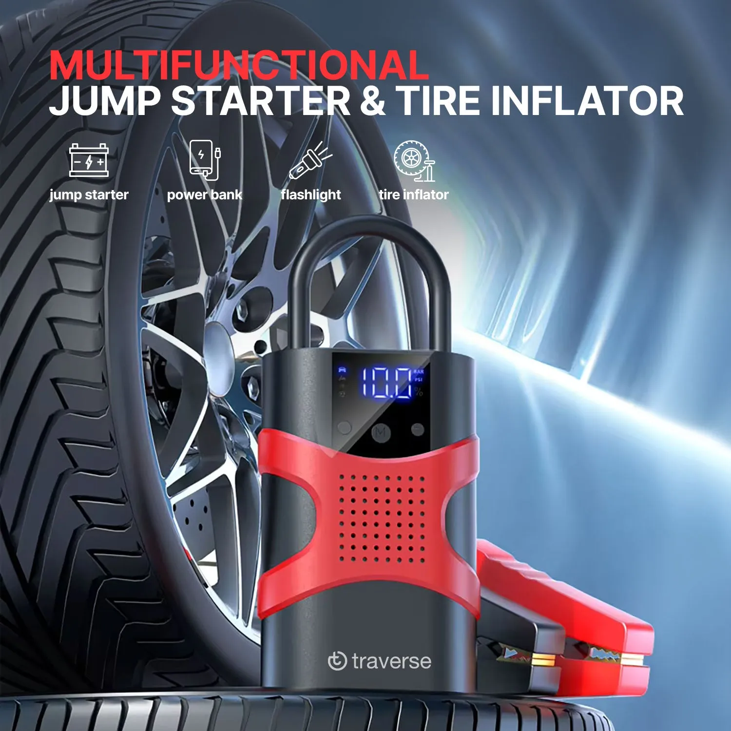 Traverse 2-in-1 Smart Tire Pump and Jump Starter, 1000A 12V Battery Booster with 150 PSI Air Inflator and LED Display